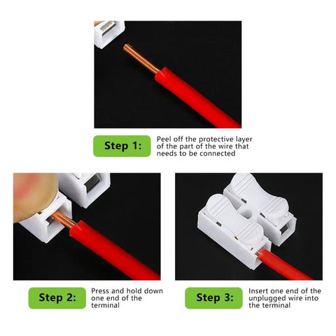 Step-by-step guide showing tool-free use of High Conductivity Quick Connect Terminal Block No Tools Needed For Instant Cable Wiring.