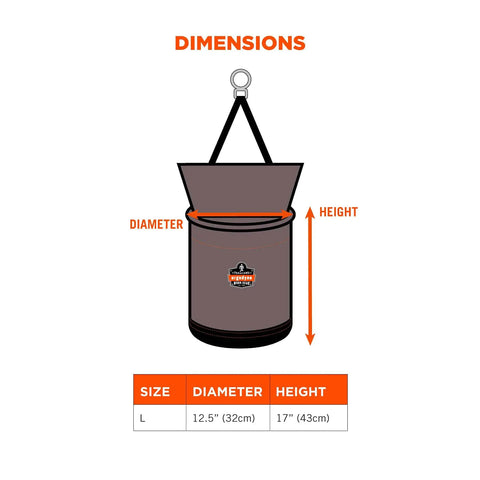 Diagram of 5973 Large Nylon Hoist Bucket Tool Bag With D-Rings And Zipper Top Gray showing dimensions of 12.5" diameter and 17" height.
