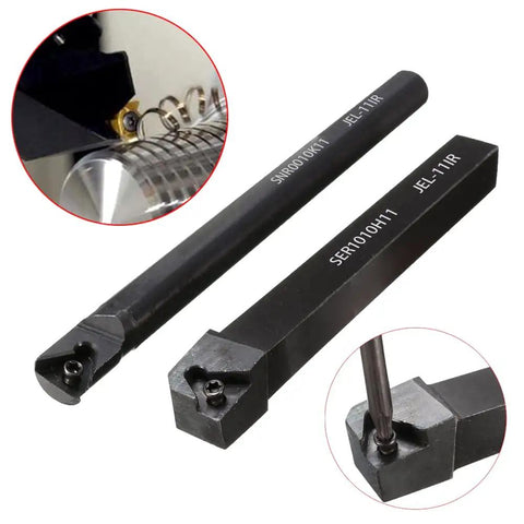 Lathe Inner Threading Turning Tool Kit With Tool Holder, Two Carbide Inserts And Two Wrenches, close-up of threading operation