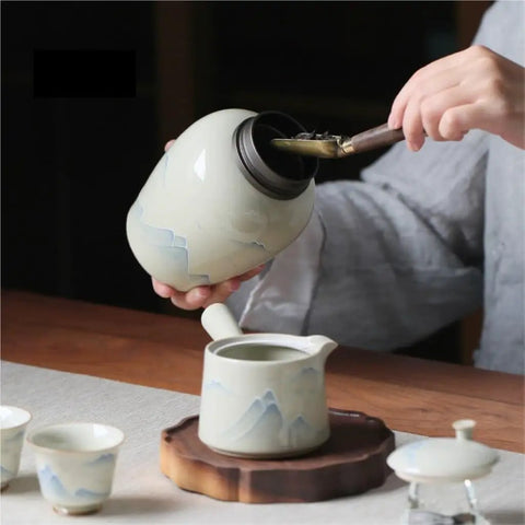 Top Shelf Ceramic Tea Storage Jar With Hella Secure Lid For Loose Leaf And Daily Coffee Beans Vintage Kitchen Caddy in use.