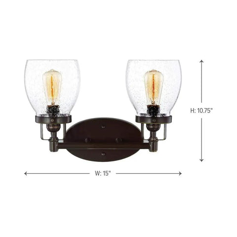 Front view of Belton Collection four light wall bath vanity fixture in Heirloom Bronze with seeded glass shades, size 15"x10.75"