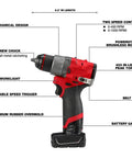 Compact 12V Cordless Drill Driver Kit With Brushless Motor And Heavy Grip Chuck Compatible With Milwaukee M12 Fuel Models displayed with specs.