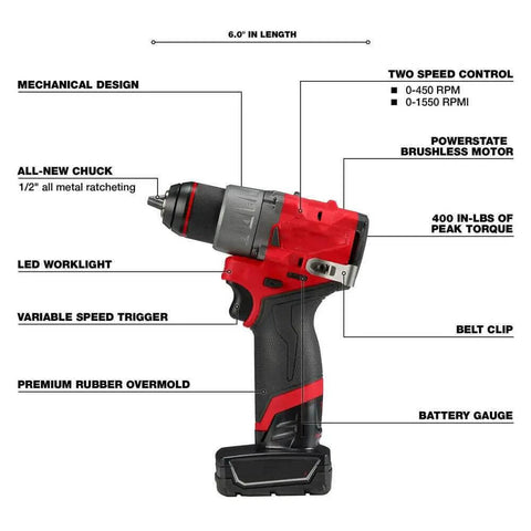 Compact 12V Cordless Drill Driver Kit With Brushless Motor And Heavy Grip Chuck Compatible With Milwaukee M12 Fuel Models displayed with specs.