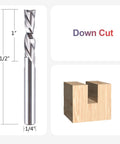 SpeTool spiral router bit, 1/4 in shank and 1/4 in cutting diameter; solid carbide CNC end mill for wood, down-cut.