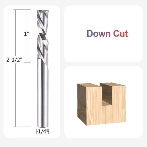 SpeTool spiral router bit, 1/4 in shank and 1/4 in cutting diameter; solid carbide CNC end mill for wood, down-cut.