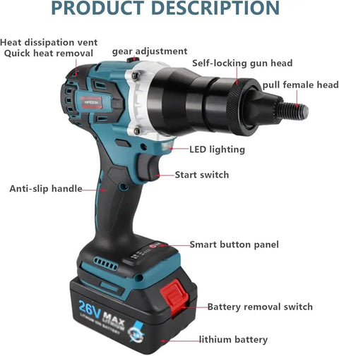 Heavy Duty Cordless Rivet And Nut Installer Kit Featuring 5200 Mah Battery Module Automatic Handheld Fastener Tool with LED and anti-slip handle.
