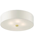 Meridian Collection 4-Light Semi-Flush Mount Ceiling Light With Off-White Fabric Shade In Satin Brass Finish, view from below.