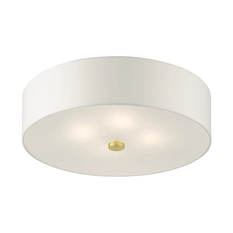Meridian Collection 4-Light Semi-Flush Mount Ceiling Light With Off-White Fabric Shade In Satin Brass Finish, view from below.