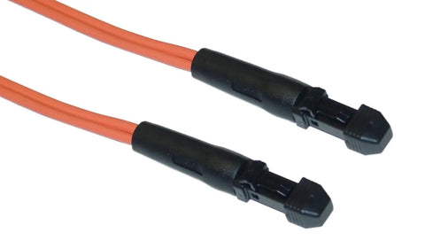 Orange fiber optic cable with black connectors on both ends
