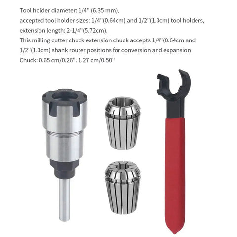 4 Pcs 1/4 Inch Shank Router Collet Extension Set With Chuck Converter Adapter Plus Wrench Spanner for tool holder sizes 1/4" and 1/2".