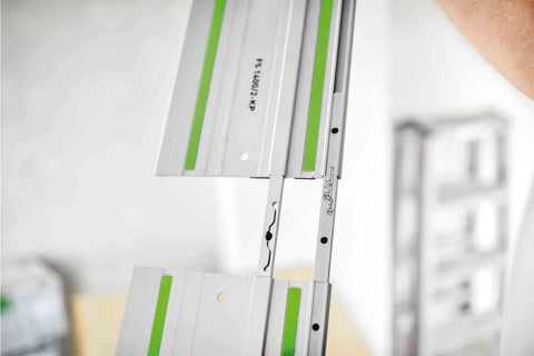 Guide Rail Connector Set FSV2 For Long Workpieces With Auto Alignment Two Piece Joint And Laser Engraved Markings in use