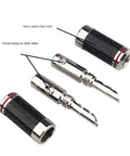 Top Shelf Banana Plugs Quad Pack With Secure Screw Lock Mechanism And Smooth Carbon Fiber Shell For Crisp Signal Transfer showing black carbon fiber plugs
