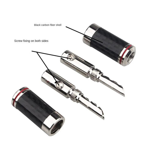 Top Shelf Banana Plugs Quad Pack With Secure Screw Lock Mechanism And Smooth Carbon Fiber Shell For Crisp Signal Transfer showing black carbon fiber plugs