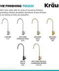 Kraus faucet finishes chart with chrome, stainless steel, gold, brass, black, and bronze options.