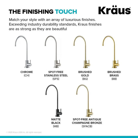 Array of Kraus faucet finishes including the Kitchen Water Filter Faucet In Brushed Gold Standalone Beverage Faucet For On Demand Clean Water With 100 Percent Lead-Free Brass Body And Rust-Resistant Finish Model FF-100BG.