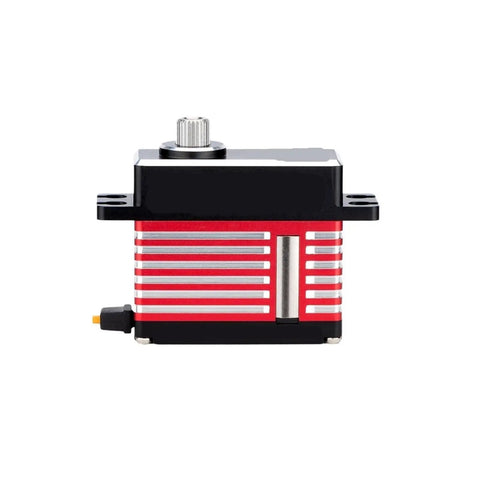 Heavy Duty Brushless Servo Packing Kickass 18kg CM Torque And Lightning Fast Sub 0.065 Sec Response Inside A Rock Solid CNC Case side view.