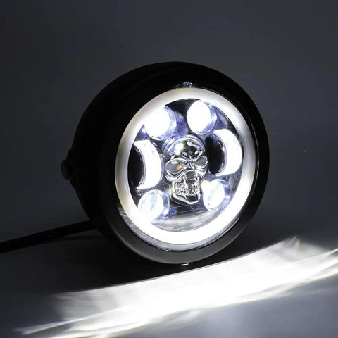 5.75 Inch Round LED Motorcycle Headlight With Mounting Brackets, front view showing illuminated halo ring and DRL design.
