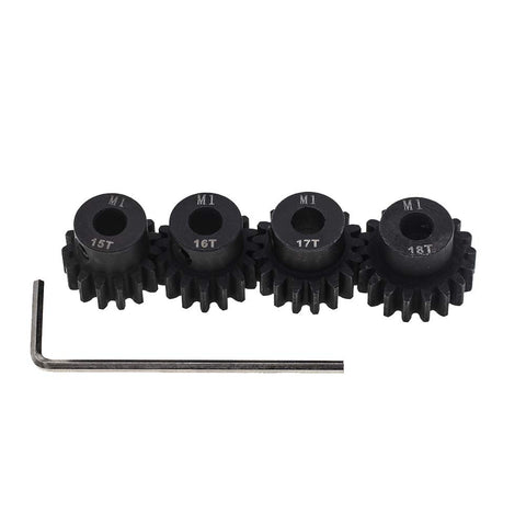 Mod 1 Pinion Gear Set 5mm Shaft Hardened Steel 15T 16T 17T 18T Four Pack For RC Cars Upgrade with hex wrench visible
