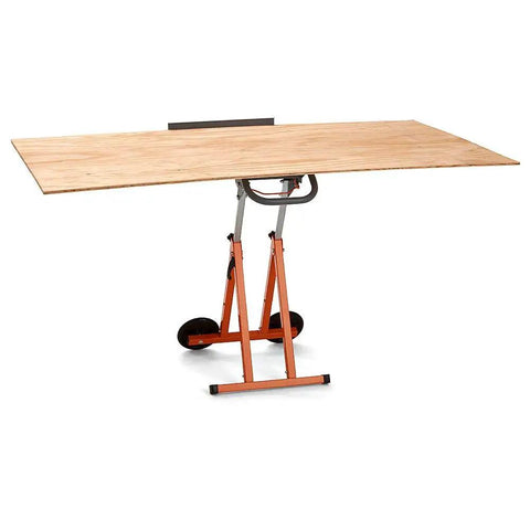 Next Gen Panel Carrier and Panel Dolly, Table Saw Feed Stand with Adjustable Height, showing 4x8 sheet supported.
