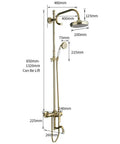UMJIGF 8 Inch Shower System with Cold and Hot Water Shower Combo Set dimensions showing gold finish, handheld shower, and top shower head.