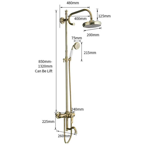 UMJIGF 8 Inch Shower System with Cold and Hot Water Shower Combo Set dimensions showing gold finish, handheld shower, and top shower head.