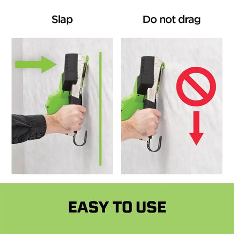 Straight Up Autofeed Cap Staple Hammer Tacker demonstration showing proper 'slap' vs incorrect 'drag' usage.