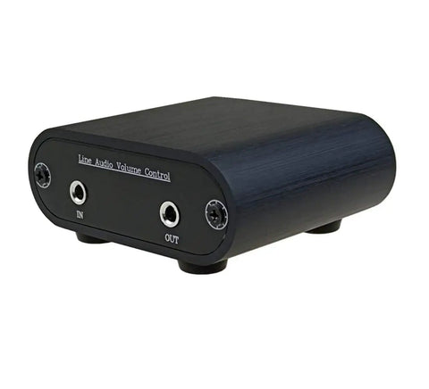 Inline Three Point Five Millimeter Audio Volume Controller Box With One Eighth Inch Aux In Output, black aluminum CNC chassis.