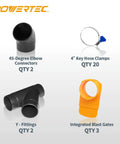 4 Inch Dust Collection Fittings Kit With Connectors Y Fittings 45 Degree Elbows Clog Resistant Blast Gates And 20 Keyed Bridge Stainless Steel Hose Clamps For A Three Machine Setup Woodworking Dust Collection System components displayed