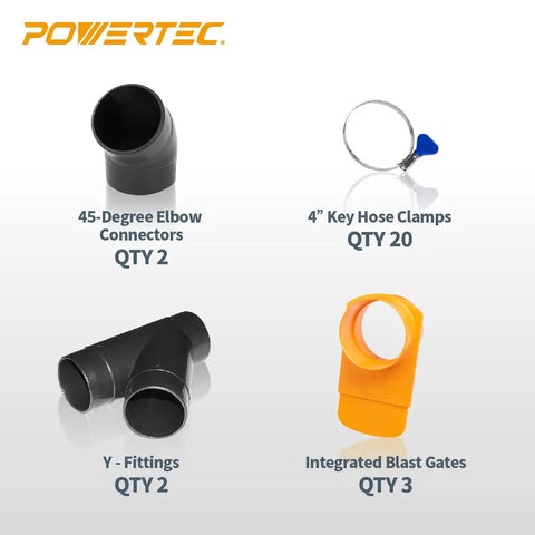4 Inch Dust Collection Fittings Kit With Connectors Y Fittings 45 Degree Elbows Clog Resistant Blast Gates And 20 Keyed Bridge Stainless Steel Hose Clamps For A Three Machine Setup Woodworking Dust Collection System components displayed