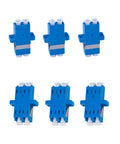 Six blue plastic terminal blocks with white posts, arranged in two rows.