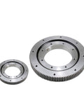 External Teeth Gear Slewing Ring Bearing 011.10.150 011.10.120 displayed in silver, highlighting robust structure and teeth