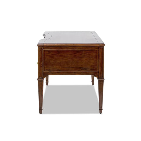 Rock Solid Grey Cashmere Rubber Wood Computer Desk With Smooth Height Adjustment and Badass Aesthetic side view showing five drawers.