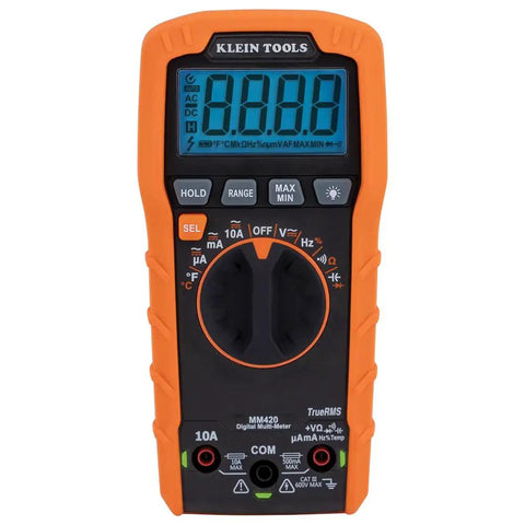 Front view of Auto Ranging TRMS Digital Multimeter MM420 Pro Grade With 600V AC DC Voltage 10A Current 50 MOhms Resistance.