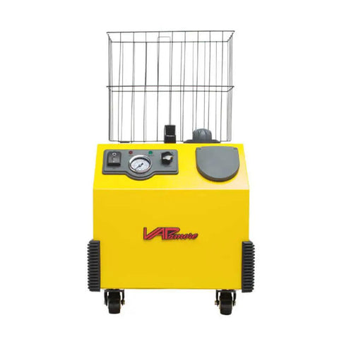 Badass Heavy Duty Steam Cleaner With Solid Stainless Boiler And One Gallon Tank For Zero Fuss Chemical Free Tile And Wood Buffing Comes With Twenty Four Pro Tools And Smart Dry Steam Valve, front view showing controls and wheels.