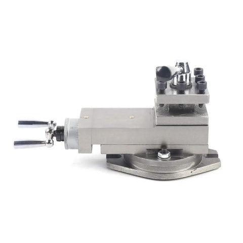 Top Shelf Heavy Duty Mini Metal Lathe Tool Post Assembly With 80mm Stroke Quick Change Holder, metal construction, side view.