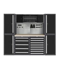 Hardcore Heavy Duty Workbench Cabinet Set With Overhead Storage Steel Pegboards Multi Hook Panels Freestanding Metal Lockers Badass Garage Tool Organization Rig, black grey design with closed drawers and overhead storage.