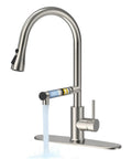 Premium Brushed Nickel Filtered Water Kitchen Faucet Featuring Smooth Pull Down Sprayer And Dual Flow Settings For Hectic Daily Household Cleaning with flowing water.