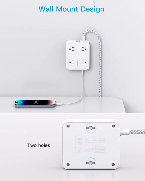 12 In 1 Surge Protector Power Strip With 10 Ft Braided Extension Cord 1080J Surge Protection wall mount design