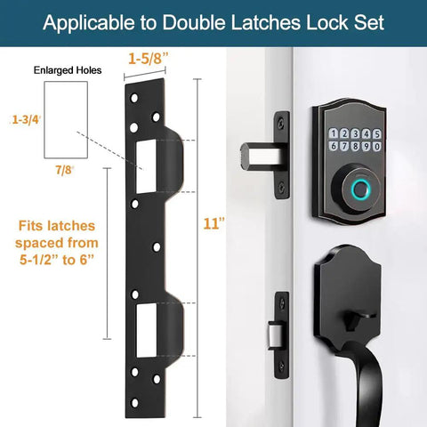 Oil Rubbed Bronze Door Strike Plate With Reinforced Torx Screws And Bit For Exterior And Interior Doors against a diagram showing size and fit.