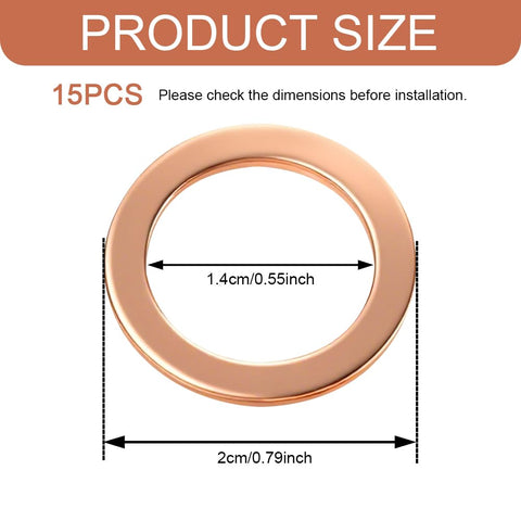 15 Pack 14mm Copper Oil Drain Plug Gaskets, Copper Crush Washers For Auto Seals with size measurements displayed