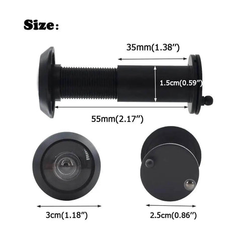Ultra HD Door Peephole Viewer Built Tough In Solid Brass with size dimensions and components, featuring 200° wide-angle lens in black.