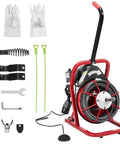 Heavy Duty Electric Drain Cleaning Machine With 75 Foot Tangle Free Steel Core Cable And 3 8 Inch Auger Shaft and accessories.