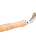 Side view of wooden-handle steel seam roller with brass wheel for roofing membrane application.