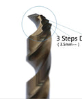 Metric M42 cobalt twist drill bit with 3-step design; close-up tip view.