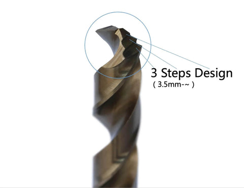 Metric M42 cobalt twist drill bit with 3-step design; close-up tip view.