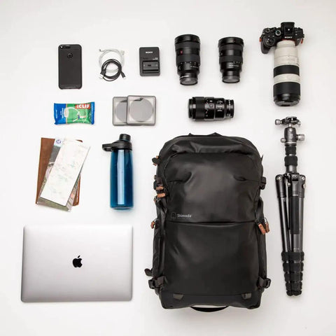 Explore V2 30 Starter Kit Camera Backpack For Travel And Outdoor Adventures, shown with digital camera gear and accessories.