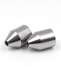 Two silver metal conical water jet nozzle tips with 1/4 inch insert bore.