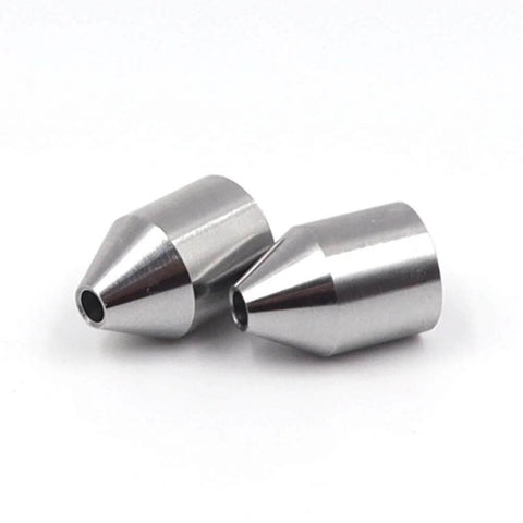 Two silver metal conical water jet nozzle tips with 1/4 inch insert bore.
