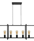 Modern Farmhouse Kitchen Island Chandelier with Industrial Matte Black Finish Open Geometric Frame 5 Light Island Light Fixture for Dining Room Kitchen and Living Room Adjustable Height for a Cool Rugged Yet Elegant Home Vibe.