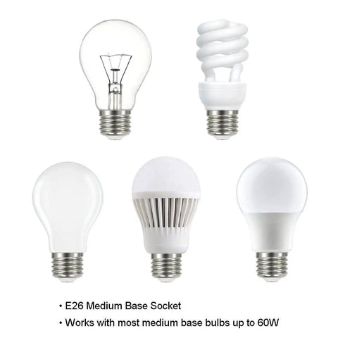 Different types of light bulbs with E26 medium base socket, compatible with Three Light Drum Pendant With Fabric Shade And Glass Diffuser In Brushed Nickel, 18 Inch Ceiling Light Fixture For Living Room And Dining Area, Convertible Modern Chandelier That Looks Lit And Stylish.